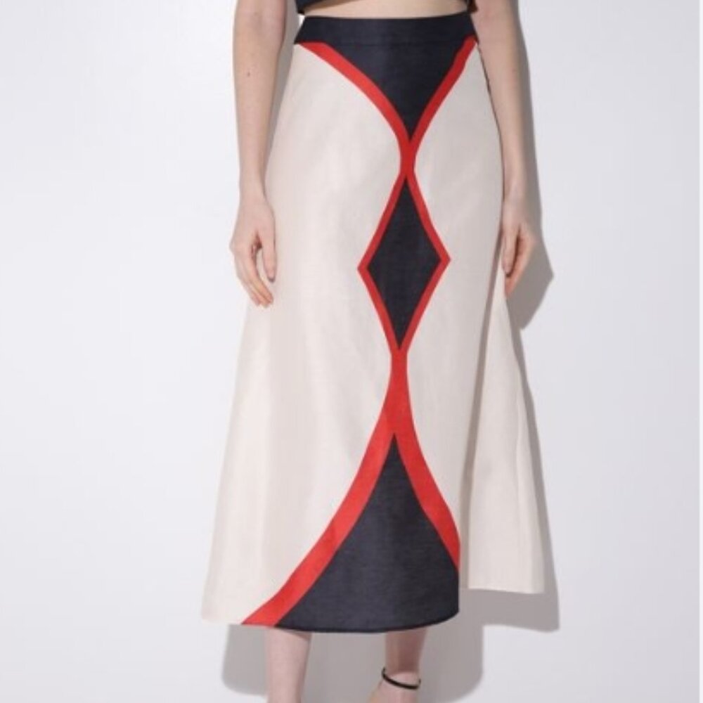 NWT Raquel Diniz Geometric-print Linen-silk White A-line Midi Skirt M $763